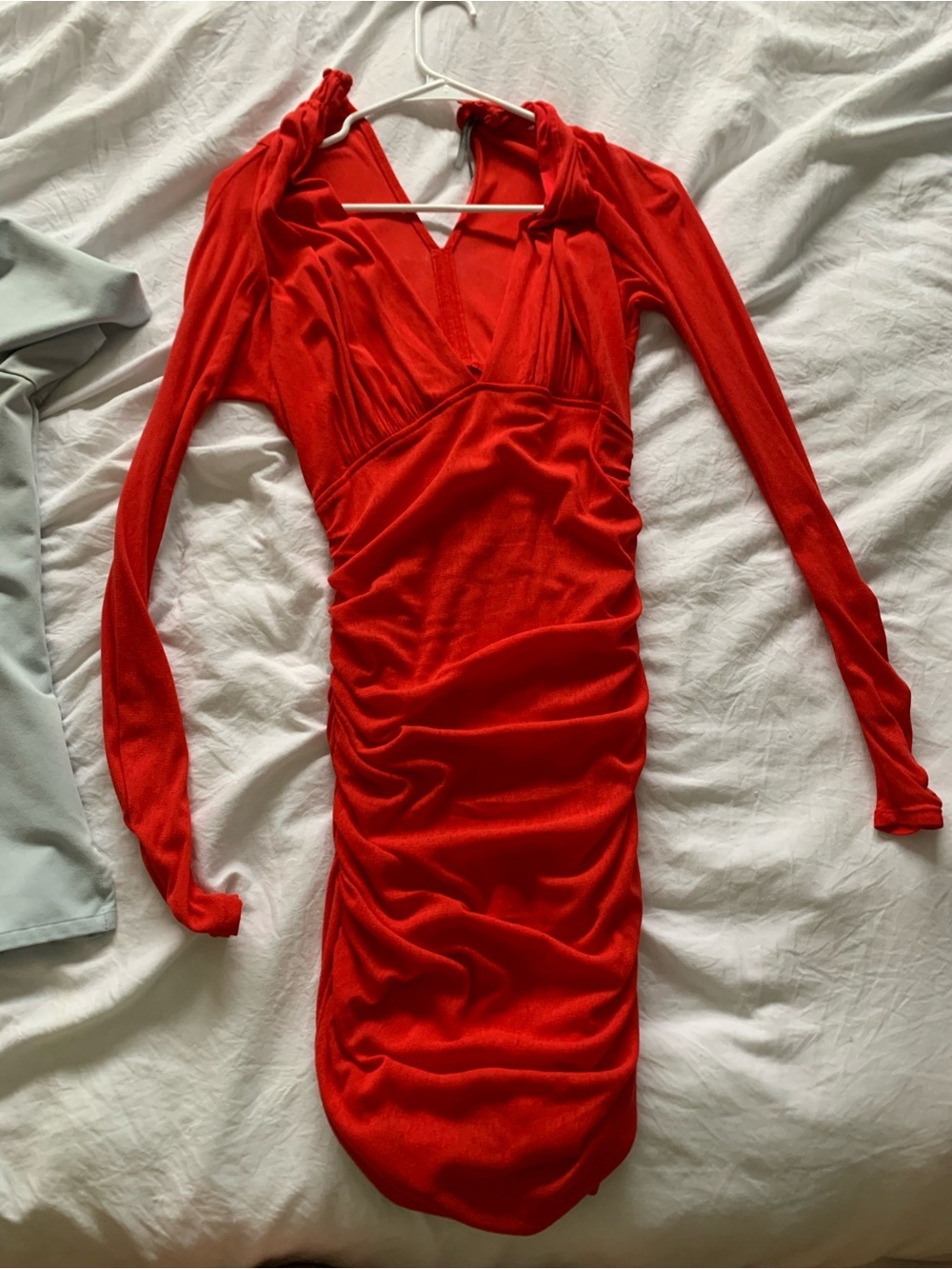 Anthropologie Vibrant Red Long-Sleeve Ruched V-Neck Dress